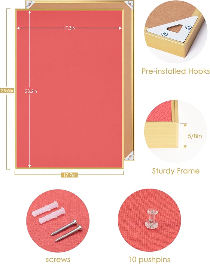 Bulletin Board 23.6 x 17.7 inches, Coral Red Pin Board, Golden Aluminum Framed Fabric Cork Board with 10 Push Pins