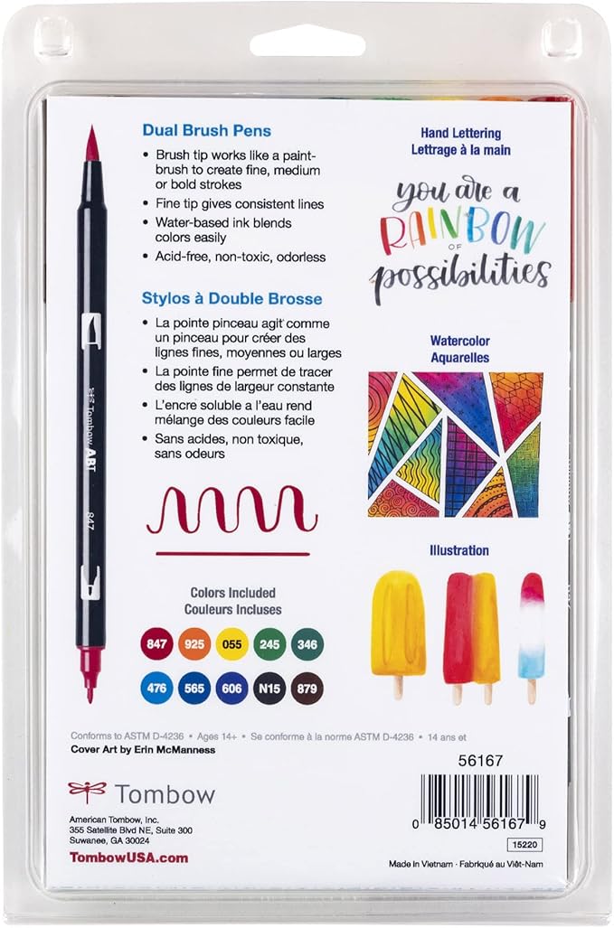 Tombow Dual Brush Marker 10-Piece Set: Primary