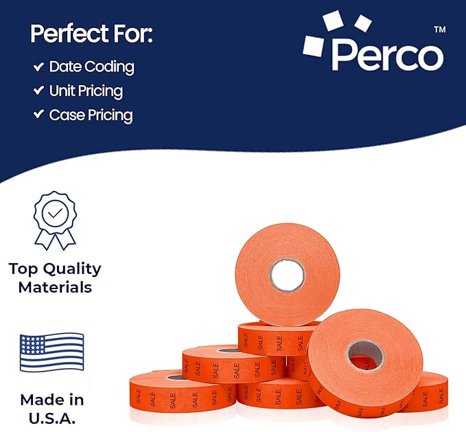 Perco Sale Labels for Monarch 1136 Price Gun - 8 Rolls, 14,000 Pricemarking Labels - with Bonus Ink Roll