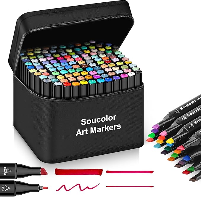 Soucolor Alcohol Markers, 131 Dual Tip Permanent Artist Art Markers for Adult Coloring, Sketching and Illustrations, with Case for Easy Storage, Alcohol Based Markers for Book Painting and Card Making