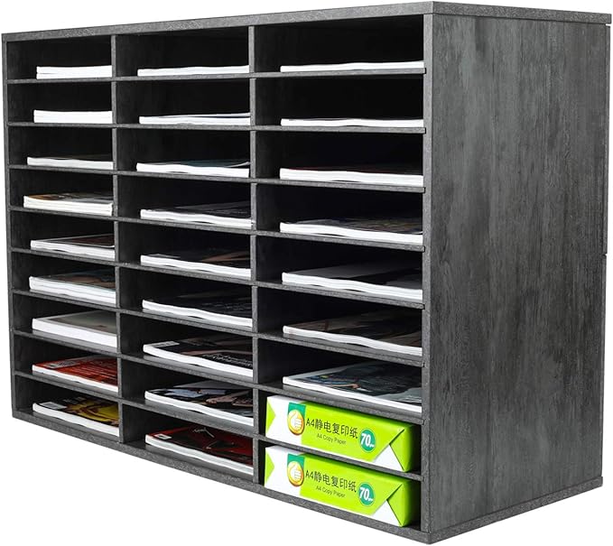 PAG Mail Sorter Organizer, Wood Literature Organizer, Student Mailbox for Classroom, Desktop Bill Paper Organizer for Office Home School, 27 Compartments, Dark Gray