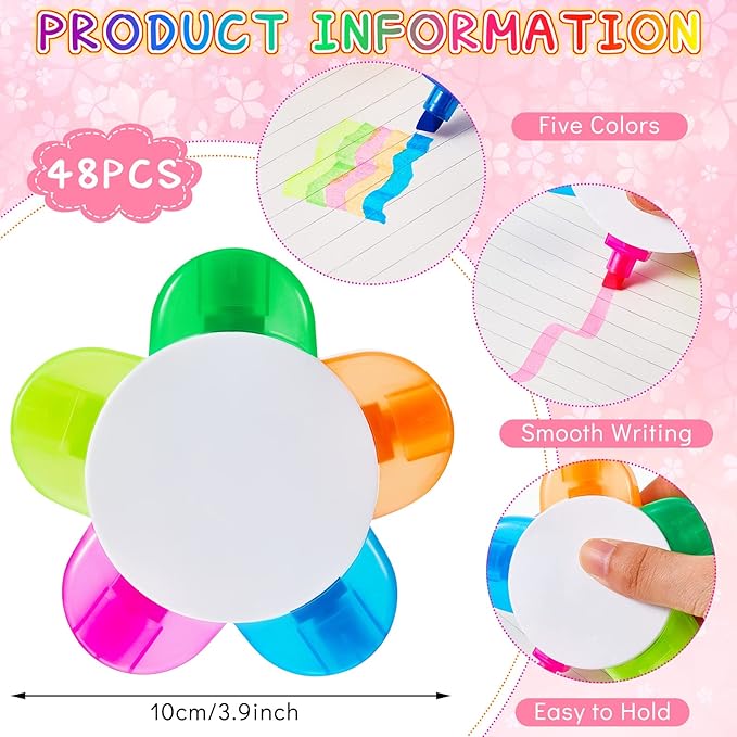 Outus 48 Pieces Petals Highlighters Assorted Colors Back to School Flower Shape Watercolor Highlighter Pens 5-in-1 Fluorescent Pens for Office School Stationery Aesthetic Supplies,5 Colors