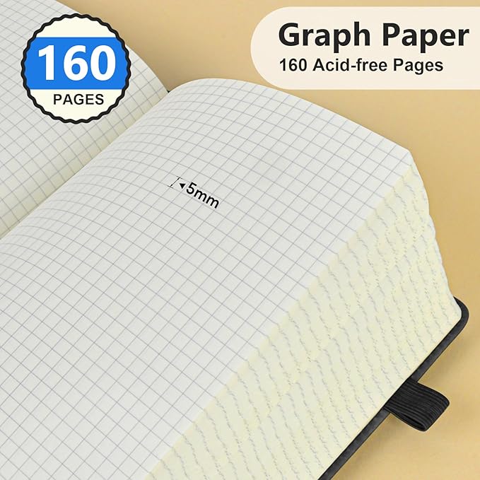PERCUN Graph Paper Notebook, 160 Pages Grid Journal for women & men, A5 Hardcover Leather Graphing Notebook for School, Work, Travel, Note Taking 5.9”x8.5” (Black)