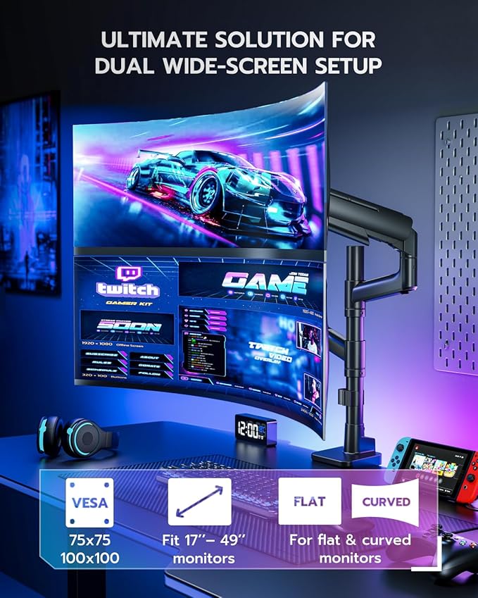 Vertical Dual Monitor Mount for 17-49 Inch Ultrawide Heavy Duty Curved Screen Stacking, Computer Monitor Arm Desk Mount, Gas Spring Adjustable Vesa Stand, Black