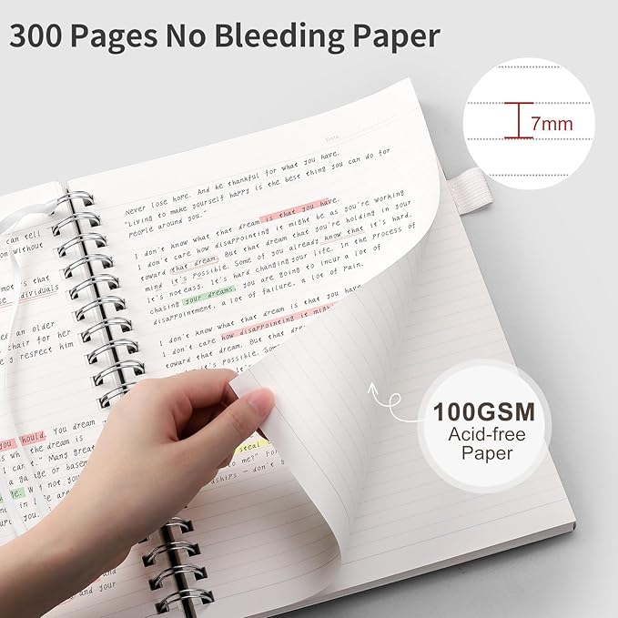 EMSHOI Lined Spiral Journal Notebook, B5 College Ruled Notebook, 300 Pages/150 Sheets, 100gsm Acid-Free Paper, Waterproof Softcover Notebook for School, Work, Note Taking, 7.48" × 10.15" - Transparent