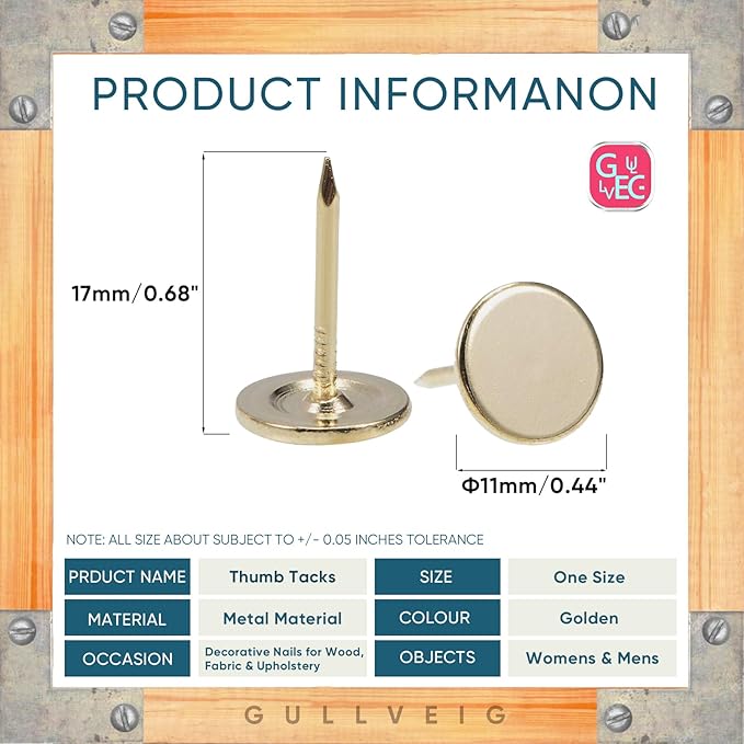 Gullveig Golden Push Pins and Thumb Tacks: Heavy Duty Flat Upholstery, Long Carpet Tacks, and Decorative Nails for Wood and Fabric, 50 Count