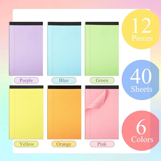 Gueevin 12 Pcs 5'' x 8'' Colored Lined Legal Pads Letter Size 40 Sheets Per Notepads Micro Perforated Notebook and Writing Pad for School, College, Office, Business(Multicolor)