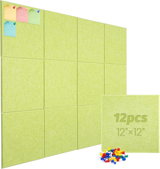 Large Cork Board Alternative, 12 Pack Felt Board with Safe Removable Adhesive Tabs Felt Wall Tiles, Large Cork Boards for Walls, Cork Board for Home Office, Pin Boards for Walls, Green