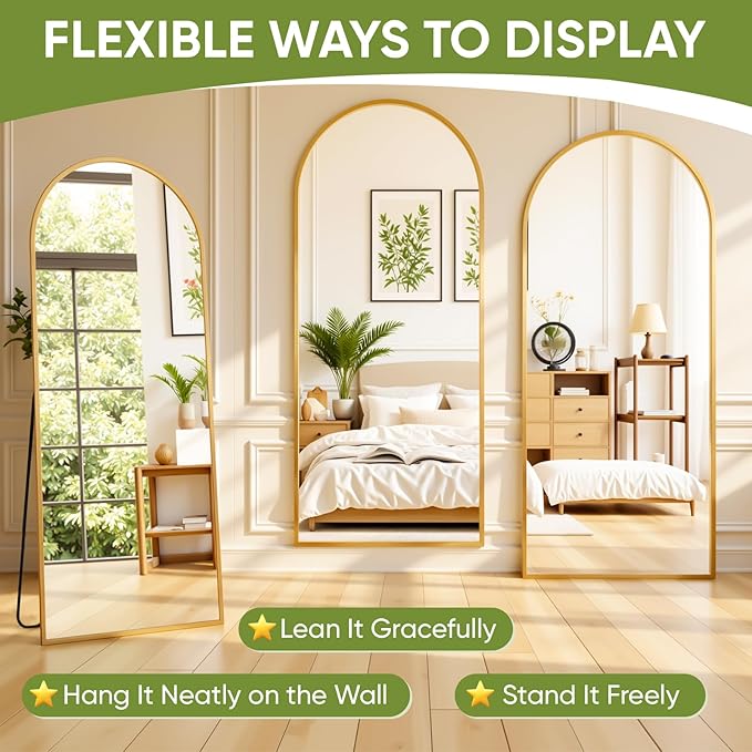 Full-Length Floor Mirror with Stand, 71"x32" Arched Style Full Body Standing Mirror for Bedroom, Living Room, Gym, Dorm - Shatter-Resistant & Easy Assembly, Gold