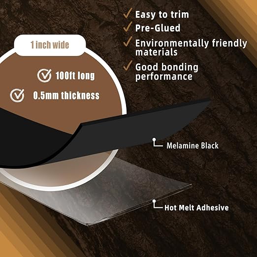 GSCIT Club Black Edge Banding, 1 inch x 100ft Melamine Edge Banding with Hot Melt Adhesive Preglued Cabinet Edge Banding Flexible Black Veneer Edging