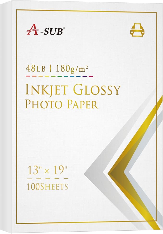 A-SUB Inkjet Glossy Photo Paper 13X19 Inches 48lb 180gsm Professional Glossy Photographic Paper for Inkjet Printers Dye Ink 100 Sheets