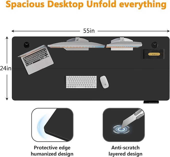 Himimi Electric Standing Desk 55 x 24 inch for Home Office,Sit-Stand Adjustable Desk with Memory Presets,Height Adjustable Desk for Gaming/Working,Free Hook, Lockable Wheels,Mouse Pad,Black