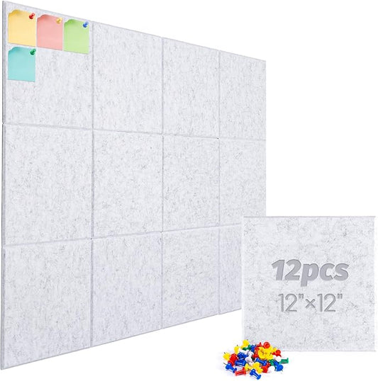 Large Cork Board Alternative, 12 Pack Felt Board with Safe Removable Adhesive Tabs Felt Wall Tiles, Large Cork Boards for Walls, Cork Board for Home Office, Pin Boards for Walls, Marble White