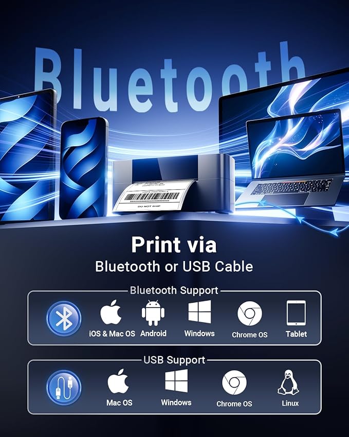 Bluetooth Thermal Shipping Label Printer 4x6, Wireless Shipping Label Printer for Small Business, Desktop Label Printers for Shipping Packages, Compatible with Amazon, Ebay, Shopify, Etsy, USPS