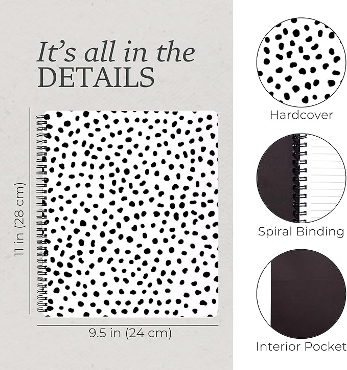 Steel Mill & Co Cute Large Spiral Notebook College Ruled, 11" x 9.5" with Durable Hardcover and 160 Lined Pages, Black Dots