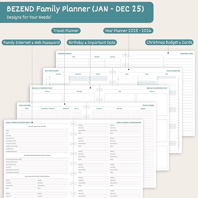 BEZEND Life Planner 2025 Weekly & Monthly Family Organizer with 6 Columns 7" x 9" - Agenda 2025 Family Calendar with Tabs, Pocket & Tear-off Shopping List, Disc Bound Flexible Cover - Black