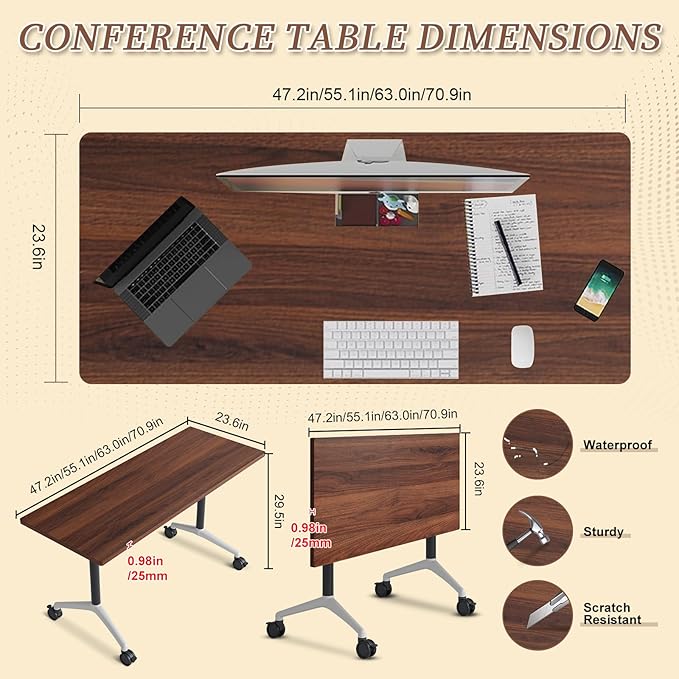Folding Conference Room Table, Modern Conference Tables with Wheels, Large Rectangular Mobile Training Tables for Office Classroom, Foldable Modular Boardroom Seminar Table (10pack L63in)