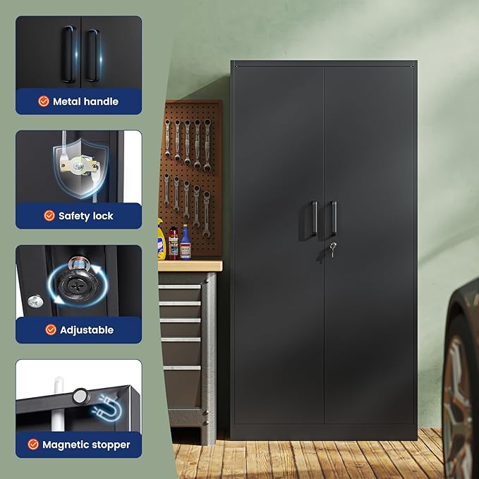 Yizosh Metal Garage Storage Cabinet with 2 Doors and 5 Adjustable Shelves - 71" Steel Lockable File Cabinet,Locking Tool Cabinets for Office,Home,Garage,Gym,School (Black)