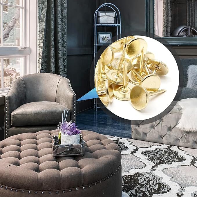 Golden Thumb Tacks, Multipurpose Upholstery Nails, Decorative Nail Heads, and Wall Tacks for Secure Fixing & DIY Projects, 100Pcs
