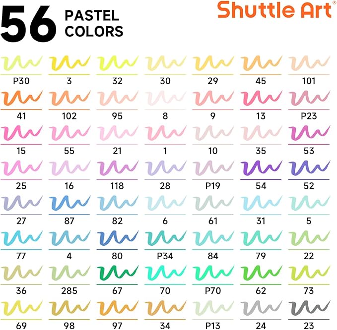 Shuttle Art Pastel Brush Pens, 56 Pastel Colouring Pens, Dual Tip Brush Markers with Fineliner Tip, Drawing Felt Tip Pens for Adults Colouring Books, Painting Sketching Calligraphy and Journaling