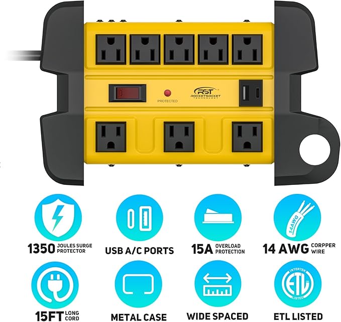 Heavy Duty Surge Protector Power Strip with USB-C Ports, CRST 8-Outlet Metal Industrial Power Block with 15A Circuit Breaker, 15ft Extension Cord, 1350 Joules for Workshop, Garage, Office, Shop…