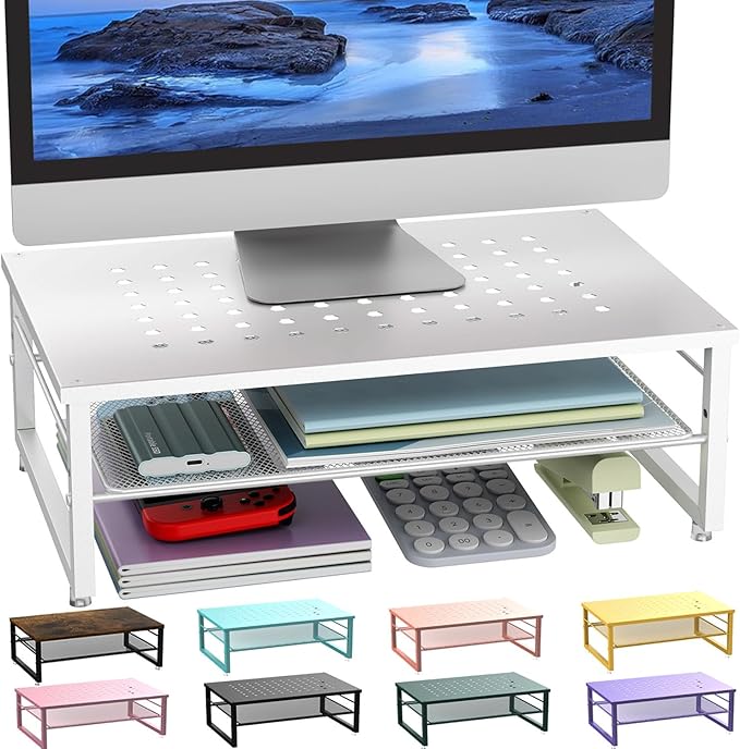 gianotter 2-Tier Metal Monitor Stand Riser, Desk Accessories & Workspace Desk Organizers, Office Desk Storage Organizer for Office Supplies (White)