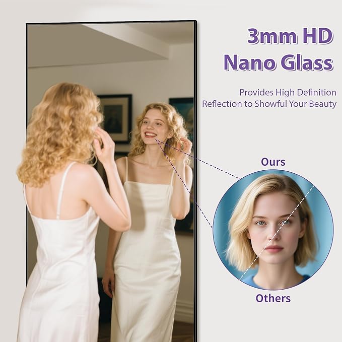 Full Length Mirror, 71"x26" Oversized Floor Mirror Freestanding, Full Body Mirror Floor Standing Mirrors with Stand, Hanging Mounted Mirrors for Bedroom Living Room, Black, Rect Style