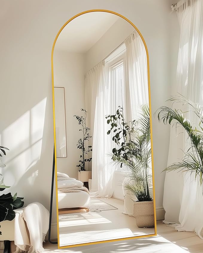 Full-Length Floor Mirror with Stand, 71"x28" Arched Style Full Body Standing Mirror for Bedroom, Living Room, Gym, Dorm - Shatter-Resistant & Easy Assembly, Gold