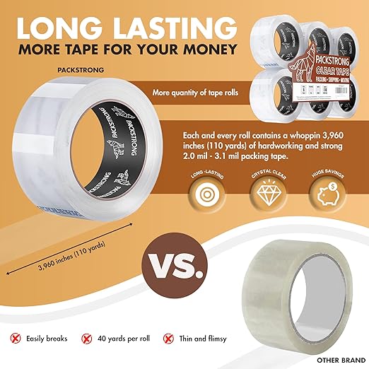 Packstrong Industrial Grade Clear Packing Tape 12 Rolls - Extra Long 110 Yards per Roll - 2" Wide x 2.7 mil Thick, Acrylic Adhesive Heavy Duty Tape for Box Office Moving Packaging Shipping