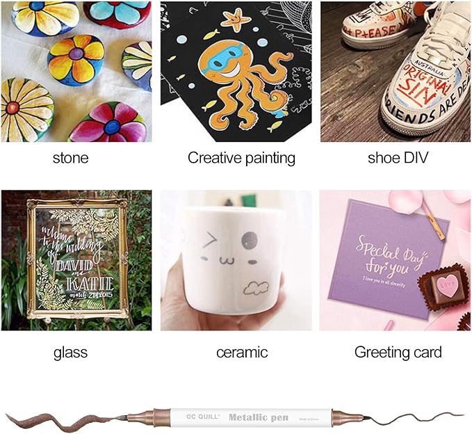 GC QUILL 12 Colors Metallic Marker Pens - Dual Tip Brush and Fine Point Pens for DIY Album, Black Cards, Scrapbooking, Craft Supplies, on Ceramic, Stone, Glass, Fabric GC-MP12