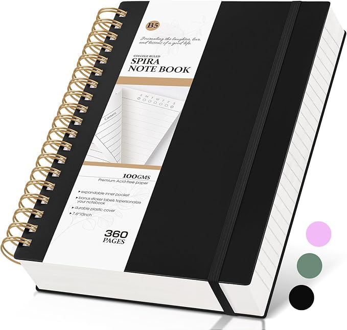Spiral Notebook Journal College Ruled, 360 Pages Lined Thick Journals for Women Men, B5 Big Notebooks with 100GSM Paper, Spiral Bound Journaling for Writing Work School Black 7.6"×10"