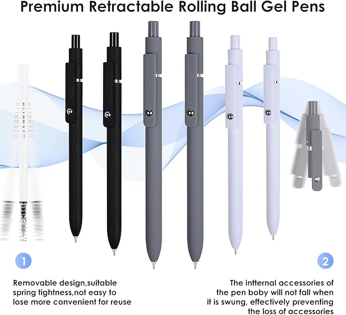 Gel Pens, 6PCS Black Ink Fine Point Pens With Smooth Writing, School Office Supplies, Anniversary Birthday Gifts for Men Women, Quick Dry Pen For Journaling, Nurse Aesthetic Pen (Black Gray White)