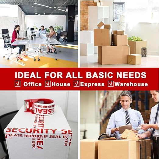BOMEI PACK Security Seal Tape, Please Report if Seal is Broken Printing Packing Tape with Dispenser, 2.4mil 2inch x 60yds, 6Rolls Heavy Duty Fragile Tape Refills for Shipping, Moving and Sealing