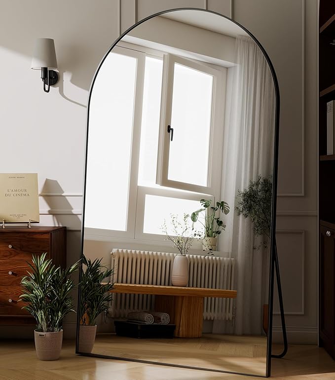 GLSLAND 72" x 44" Arched Full Length Mirror - Oversized Aluminum Alloy Frame Full Body Floor Mirrors with Stand Wall Mounted for Bedroom/Living Room, Black