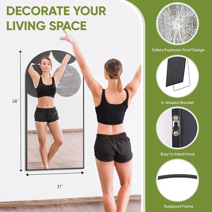 Full-Length Floor Mirror with Stand, 58"x21" Arched Style Full Body Standing Mirror for Bedroom, Living Room, Gym, Dorm - Shatter-Resistant & Easy Assembly, Black