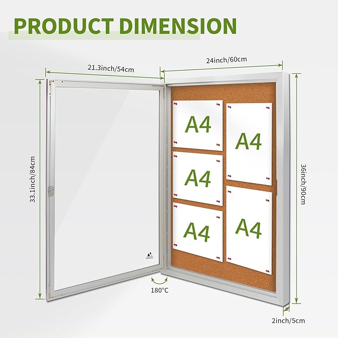 Lockable Outdoor Enclosed Bulletin Board, Weatherproof Cork Noticeboard with Locking Door, Wall-Mounted Aluminum Framed Display Case for Messages,36x24in (5xA4)