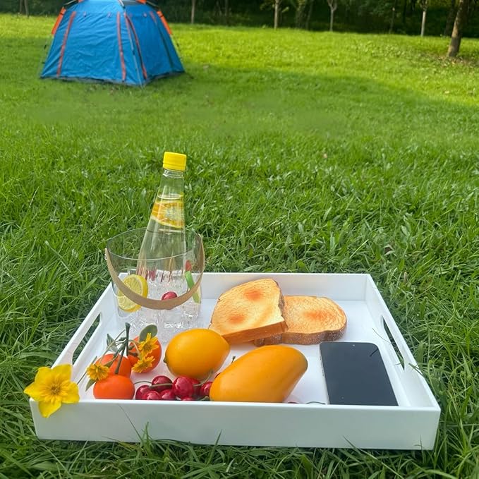 Glossy White Acrylic Serving Tray, 12x16Inch, Sturdy Kitchen Countertop Organizer, Decorative Vanity Table Tray, Ottoman Tray, 3/16 inch Thickness