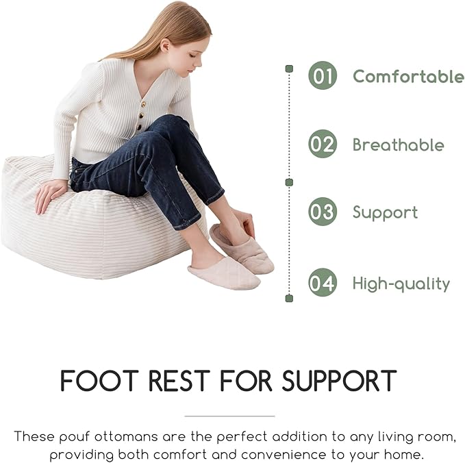 HIGOGOGO Square Stuffed Pouf Ottoman, Corduroy Poufs with Foam Chunk Filling, Furry and Fluffy Pouf Foot Stool Storage Ottoman, 21 X 21 Floor Poufs Foot Rest for Living Room, Beige