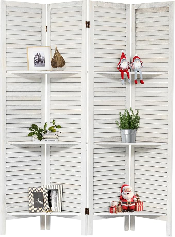 NicBex 4 Panel Room Divider 5.6FT Louvered Design Room Dividers with Display Storage Shelves Folding Privacy Screens Portable Freestanding Partition Wall Dividers for Home Bedroom Office, White