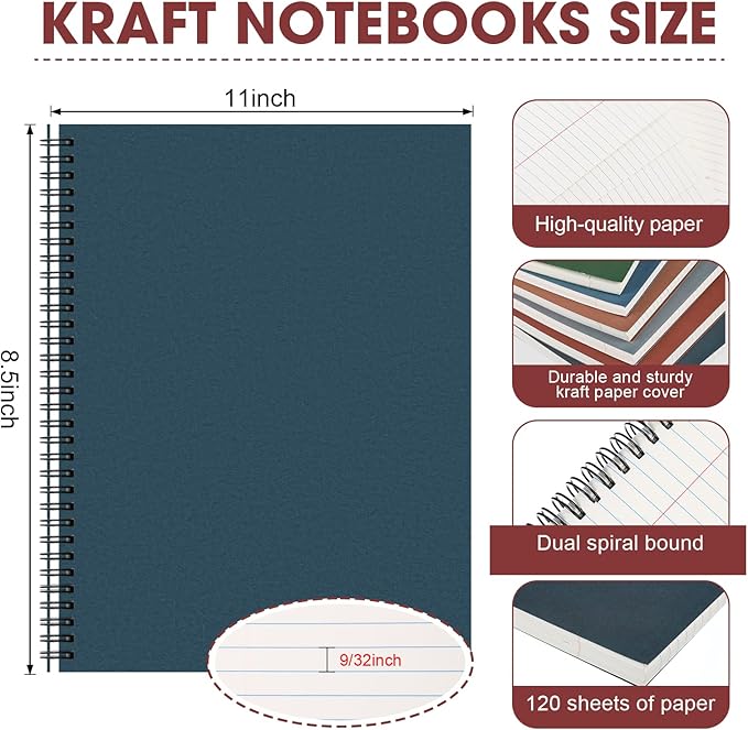 Glenmal 6 Pcs Spiral Notebook for Work A4 8.5 x 11'' College Ruled Spiral Journal Notebook Kraft Cover Ruled Paper, 120 Sheets 240 Pages for Office Study Supplies (Business Colors)