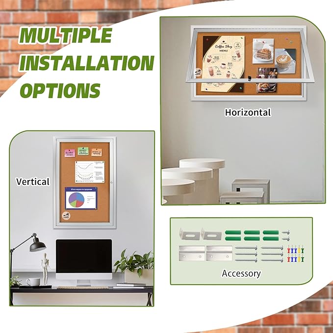 36x24 Inch Lockable Outdoor Enclosed Bulletin Board, Weatherproof Cork Noticeboard with Locking Door, Tamperproof Wall-Mounted Aluminum Frame Notice Poster Memo Board