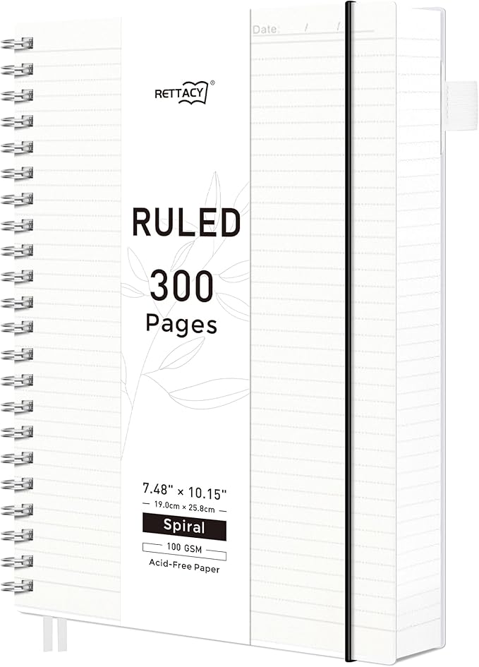 RETTACY Spiral College Ruled Notebook, 300 Pages, B5 Medium Size (7.4" x 10"), for School, Work, Writing, Journaling, 100 GSM Thick Paper, Flexible Plastic Cover (Transparent)