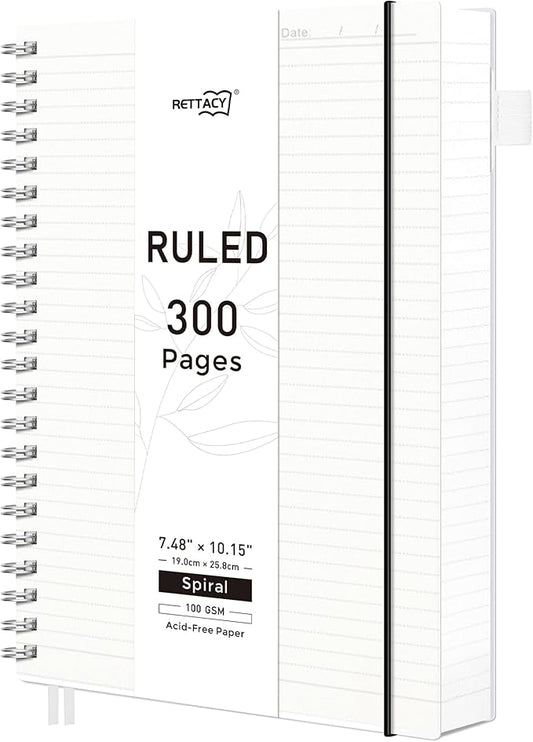 RETTACY Spiral College Ruled Notebook, 300 Pages, B5 Medium Size (7.4" x 10"), for School, Work, Writing, Journaling, 100 GSM Thick Paper, Flexible Plastic Cover (Transparent)