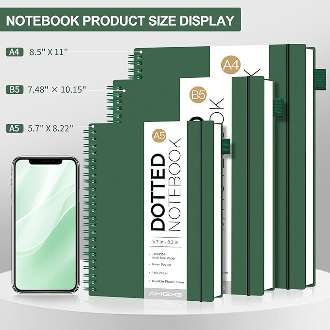 AHGXG Bullet Dotted Journal - Dot Grid Spiral Notebook A5, 160 Pages, 100 GSM Thick Paper, Waterproof Plastic Cover Journals for Bullet Journaling, Sketching, 5.7" x 8.3", Green