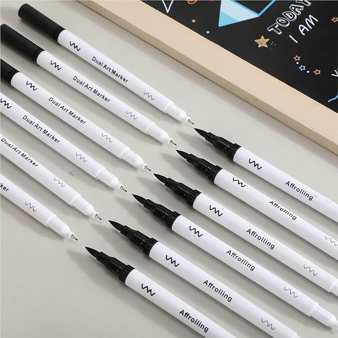 50 Pcs Black Drawing Pens Bulk Dual Brush Fineliners Pens Felt Tip Markers for Art Drawing Sketching