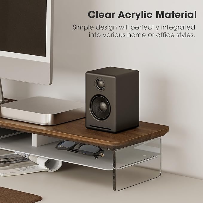 Fenge Acrylic Monitor Stand Riser, 42.5 Inches Dual Monitor Stand with Metal Storage, 2 Tier Acrylic Computer Riser for Desk, Clear Laptop Stand for PC, Laptop, Printer, TV, Brown