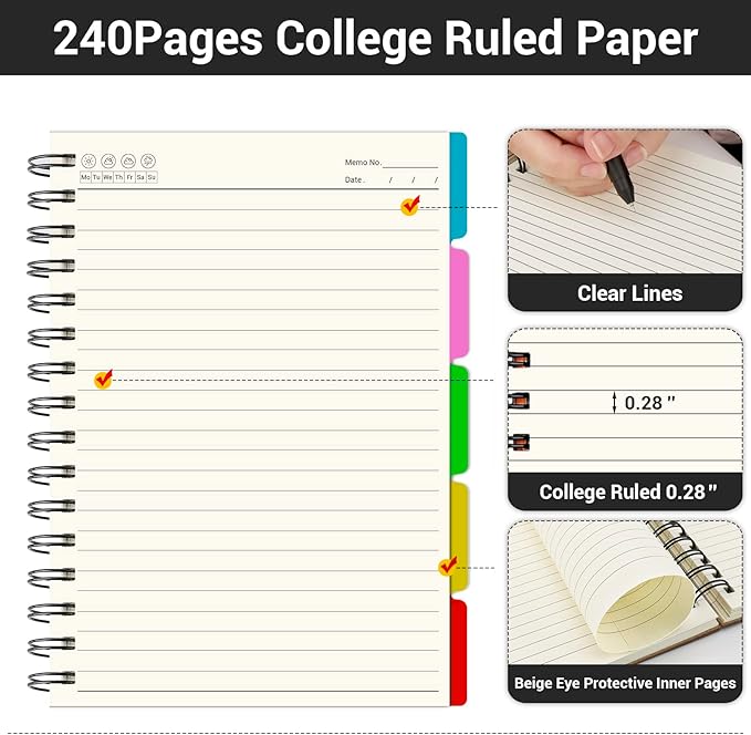 EUSOAR Spiral Notebook 5 Subject, 3pcs A4 11" x8-1/2 College Ruled Writing Pad, Thick Hardcover, 100GSM 120Sheets/ 240Pages of Lined Paper, for Journals, Students, Office and Business, Kraft