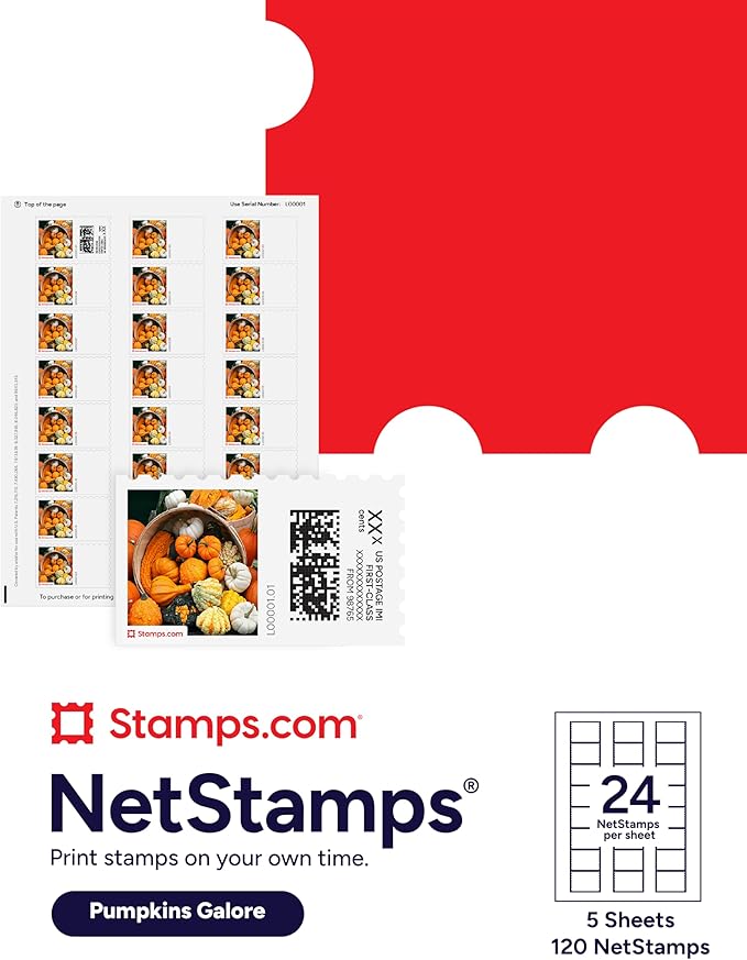 Pumpkins Galore NetStamps 120-Pack (5 Sheets) Printable Postage Labels (Stamps.com Subscription Required) - Print Approved Postage - Inkjet & Laser Printers - Business, Personal, Home