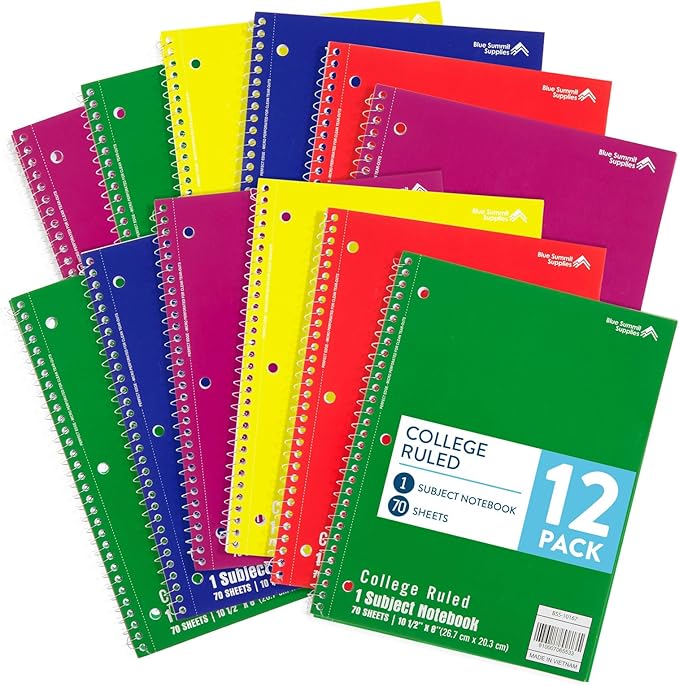 Blue Summit Spiral Notebooks Bulk, One Subject Spiral Notebook College Ruled, Perforated Notebook, 8 x 10.5 for Work and School, Paper, College Ruled, Bulk 12 Pack