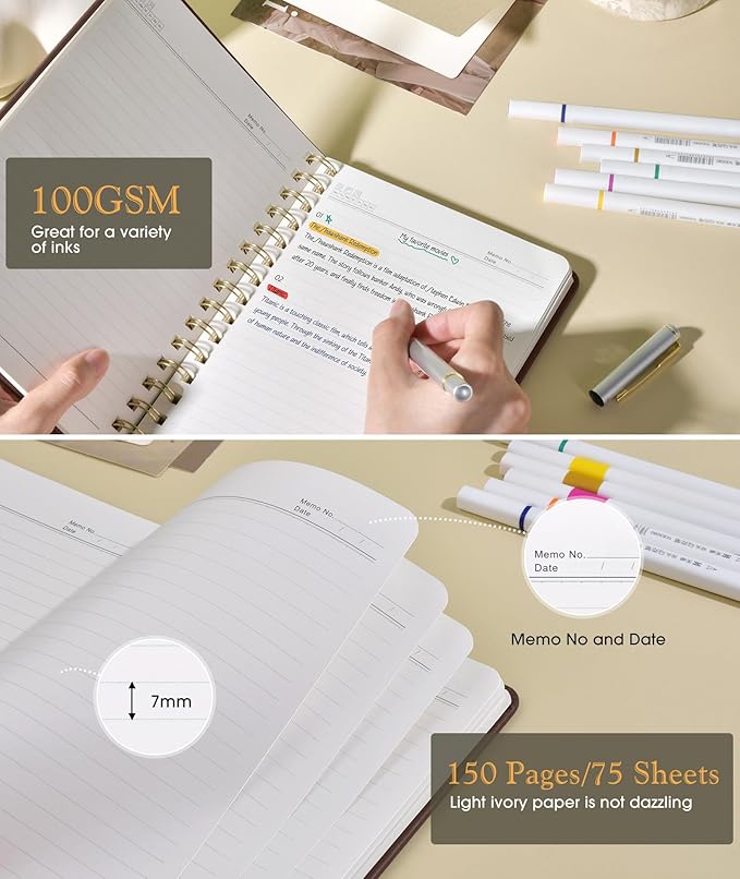 Lined Spiral Journal Notebook, A5 Hardcover Spiral Journals for Women Men, 150 Numbered Pages Spiral Bound Notebook, 100 GSM College Ruled Notebooks for Writing Note Taking 5.75" x 8.38", Dark Brown